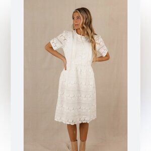 Roolee Off White Cotton Eyelet MIDI Dress